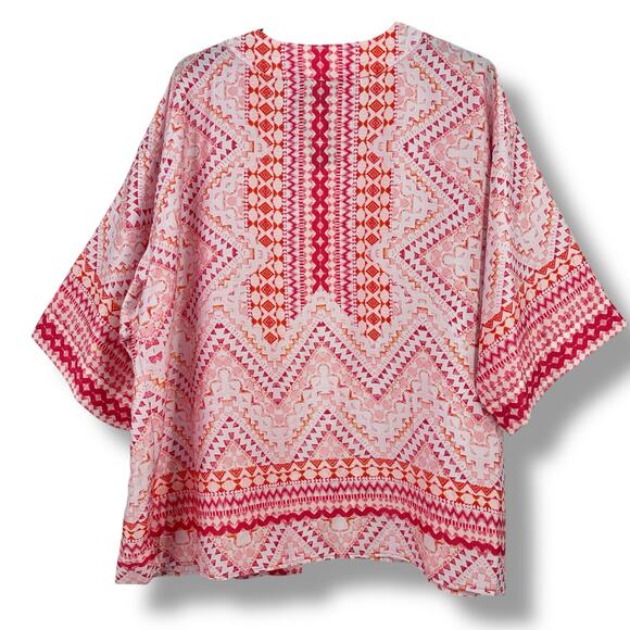 Slim Factor Satiny Mosaic Tile Open Front Short Sleeve Kimono Shirt Plus Sz 3X - Picture 4 of 7